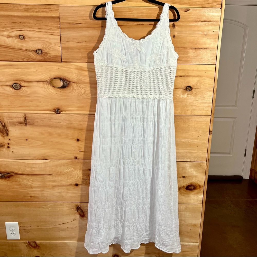 Christina White Textured 100% Cotton Dress Crochet Gauzy Summer Coastal Cotttage